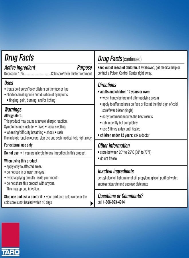 تارو علاج تارو لقروح البرد وبثور الحمى - كريم دوكوسانول سريع المفعول 10% - علاج لقروح البرد وبثور الحمى للشفاه، تركيبة مضادة للحكة لتخفيف فعال وشفاء سريع - 0.07 أونصة (عبوتان) - Image 2